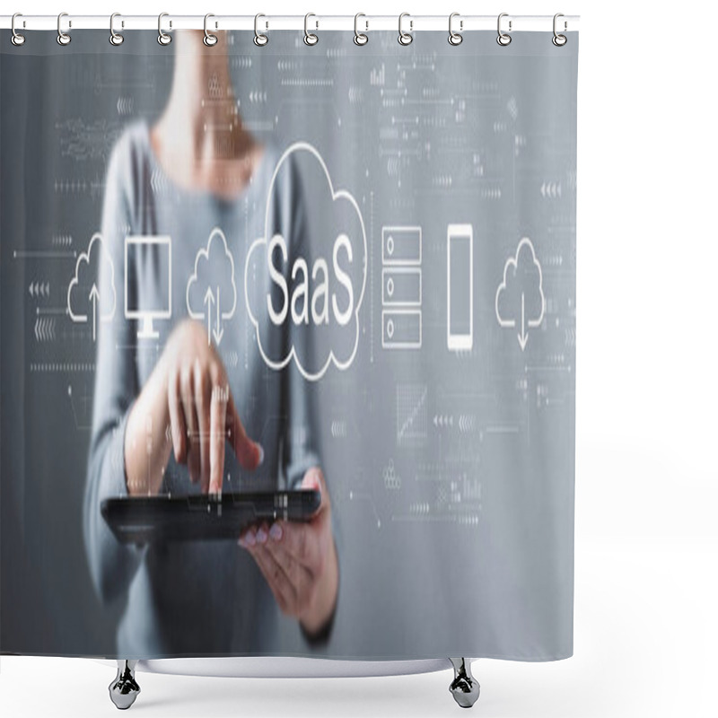 Personality  SaaS - Software As A Service Concept With Business Woman Using A Tablet Computer Shower Curtains