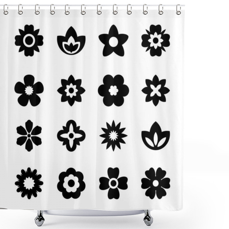 Personality  Flat Black Flower Icons Set. Simple Flower Silhouette. Retro Aesthetic Elements. Vector Illustration. Shower Curtains