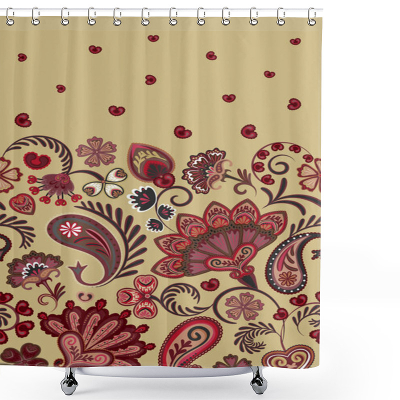 Personality  Border Indian Floral Paisley Patten. Seamless Ornament Print. Ethnic Mandala Towel. Vector Henna Style. Vinous On Beige Shower Curtains