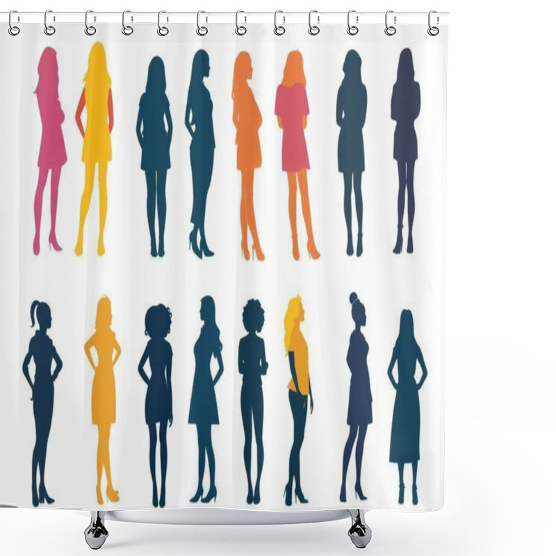 Personality  A Vibrant Collection Of Diverse Female Silhouettes Showcasing Unique Styles And Body Shapes, Set Against A Clean White Background. Shower Curtains