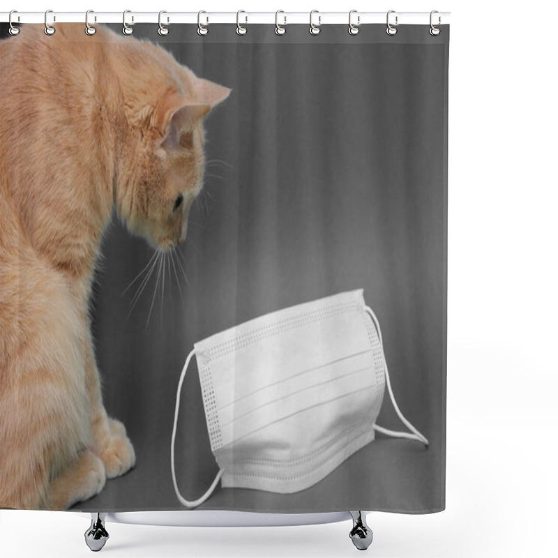 Personality  A Red Cat Looks At A Medical Mask. The Quarantine Concept. COVID-19 Danger. Concept Of Veterinary Services. Shower Curtains