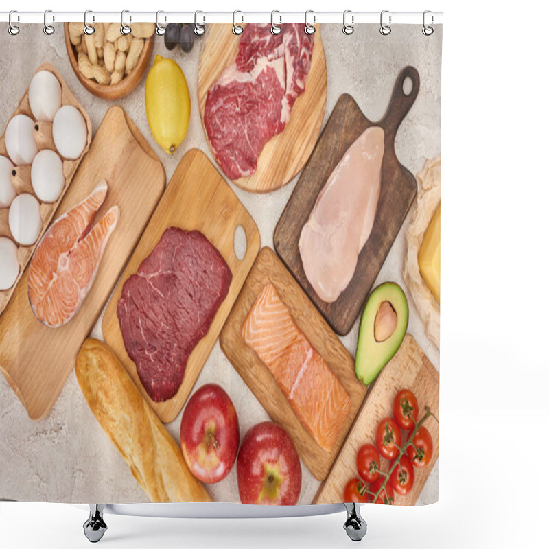 Personality  Top View Af Raw Organic Assorted Meat, Poultry, Fish, Eggs, Apples, Lemon, Avocado, Tomatoes And Peanuts On Wooden Cupboards With Fresh Baguette On Marble Surface Shower Curtains