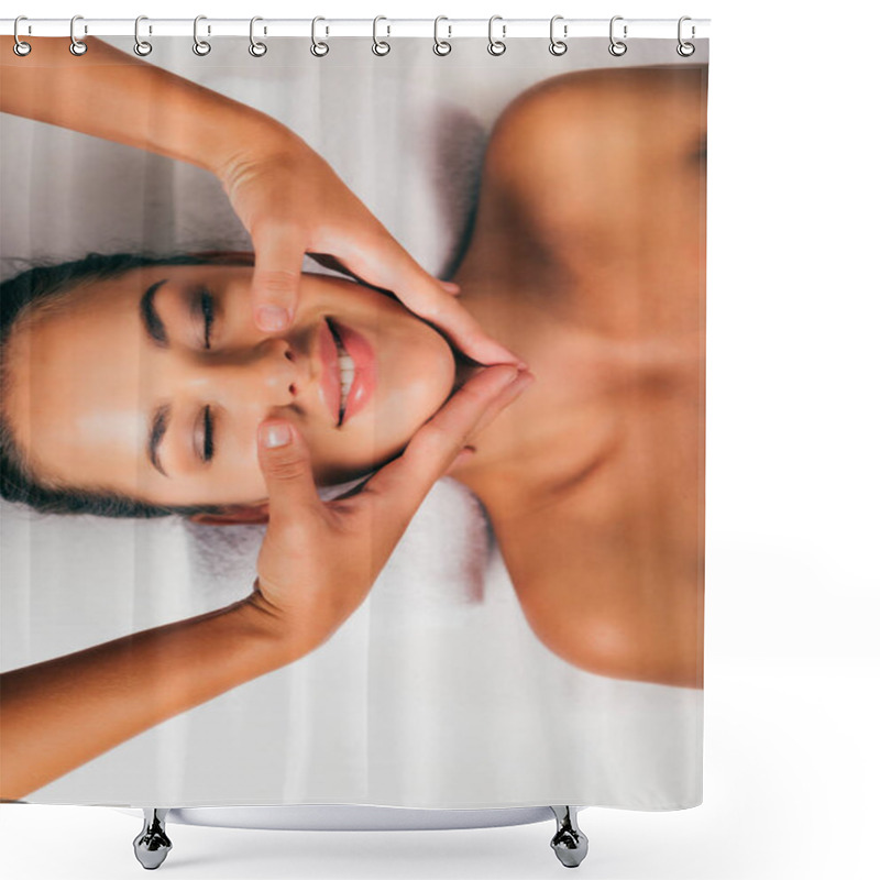 Personality  Smiling Woman Relaxing And Having Face Massage In Massage Salon  Shower Curtains