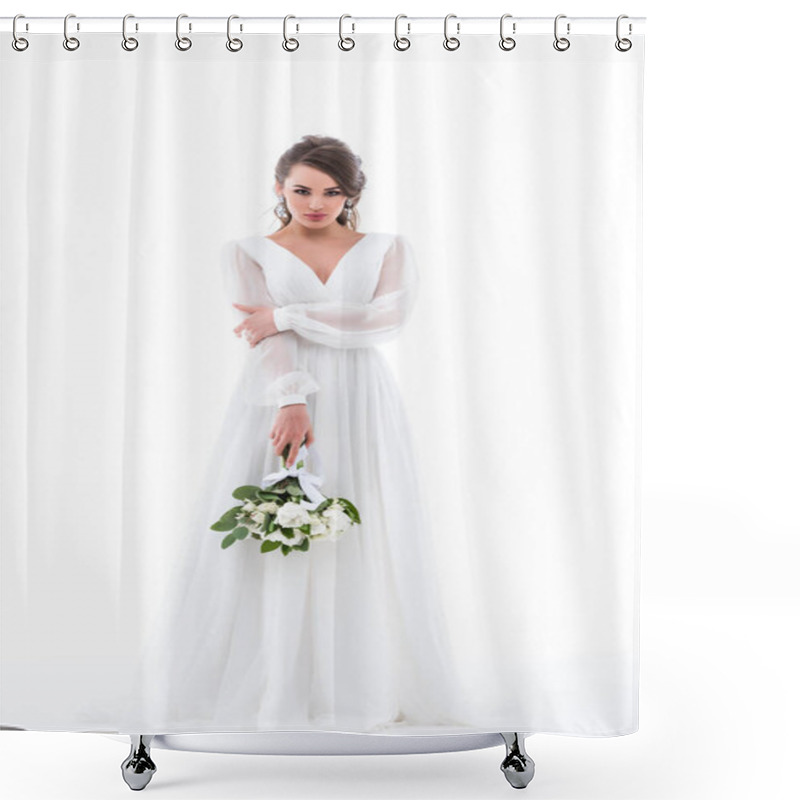 Personality  Beautiful Bride Posing In White Dress With Wedding Bouquet And Looking At Camera, Isolated On White Shower Curtains