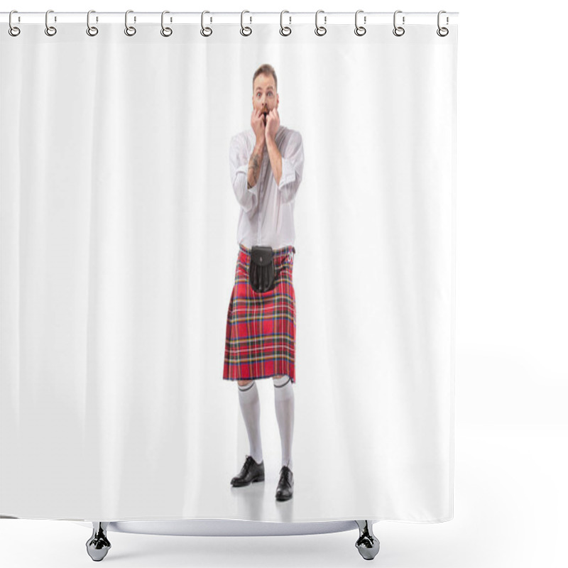 Personality  Sacred Scottish Redhead Bearded Man In Red Tartan Kilt With Open Mouth On White Background Shower Curtains