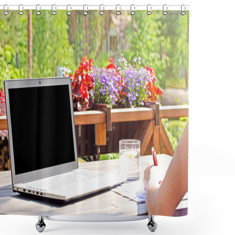 Personality  Work From Home, Table With Laptop On Terrace Shower Curtains