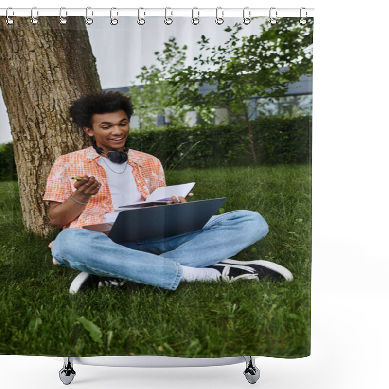 Personality  A Young African American Man Sits Under A Tree, Working On His Laptop. Shower Curtains