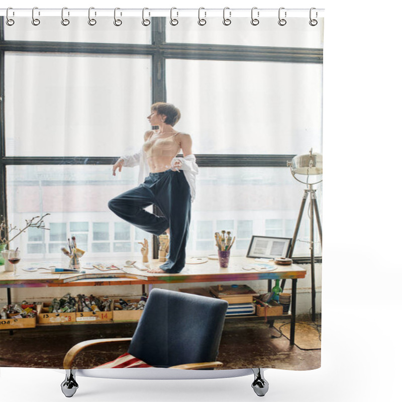 Personality  A Woman Gracefully Stands On A Window Sill In Front Of A Window. Shower Curtains