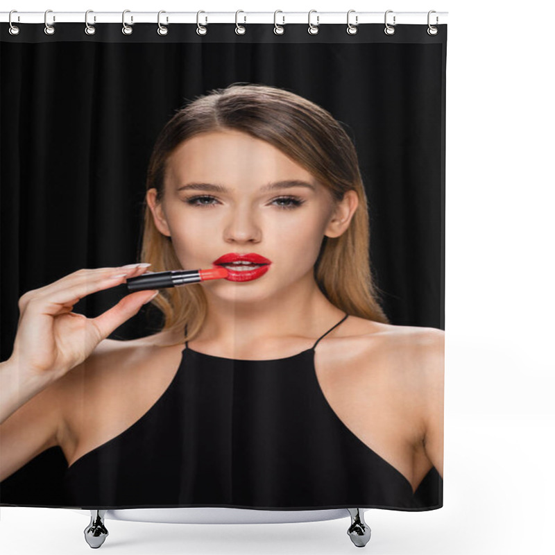 Personality  Charming Woman Looking At Camera While Applying Red Lipstick Isolated On Black Shower Curtains