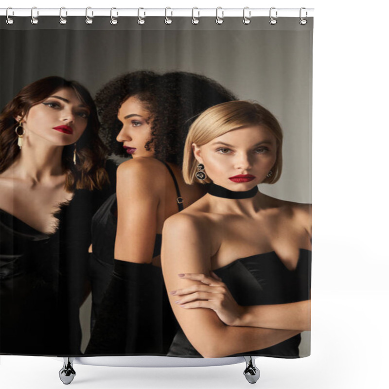 Personality  Three Beautiful Women Of Different Ethnicities, Dressed In Elegant Black Attire, Strike A Pose Against A Grey Backdrop. Shower Curtains