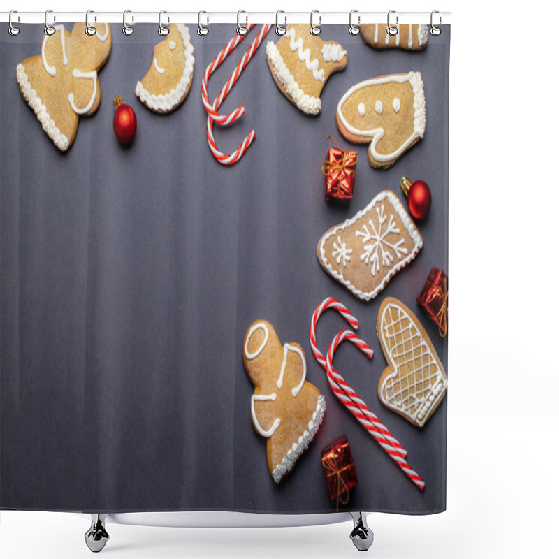 Personality  Cookies Top View. Christmas Homemade Gingerbread, Decorations And Gifts. Merry Christmas Greeting Card, Banner. Winter Holiday Xmas Theme. Happy New Year. Space For Text Shower Curtains