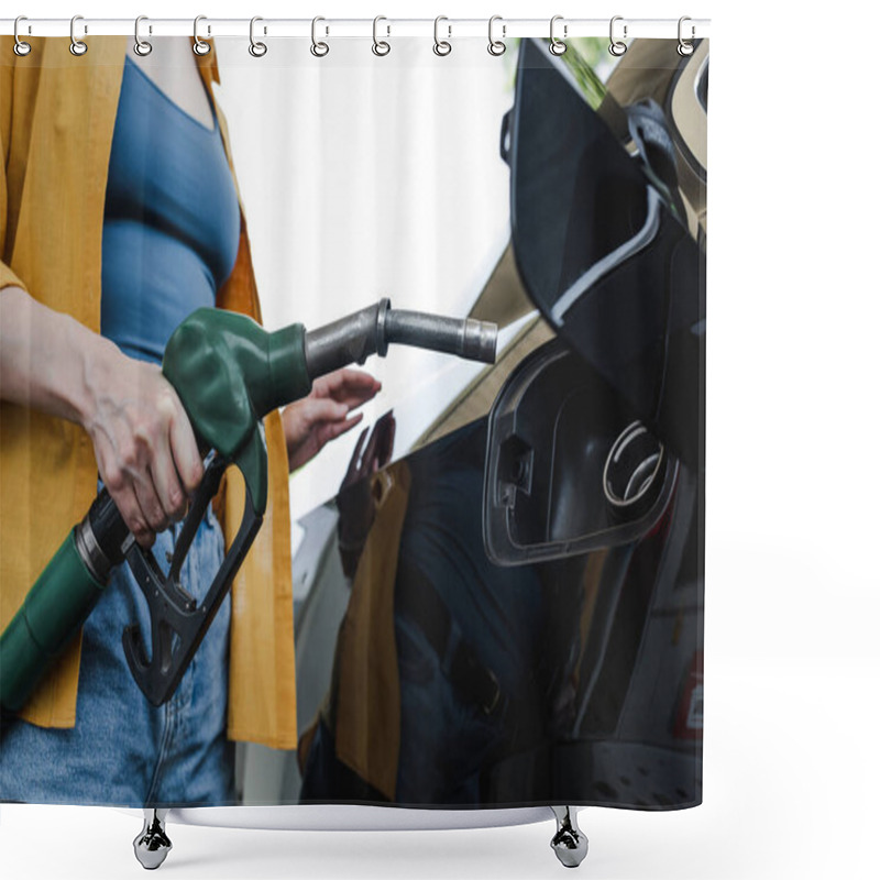 Personality  Cropped View Of Woman Holding Fueling Nozzle Near Auto On Gas Station  Shower Curtains