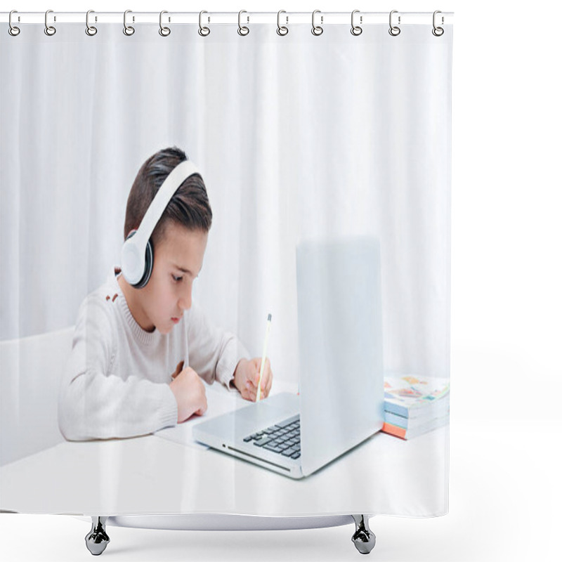 Personality   Child Study Online Sitting On The A Computer With Headphones. Child Listening To Teacher Shower Curtains