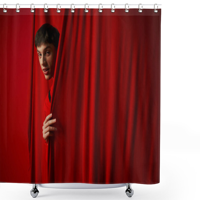 Personality  Playful Young Man In Vibrant Shirt Hiding Behind Red Curtain While Playing Hide And Seek, Peeking Shower Curtains