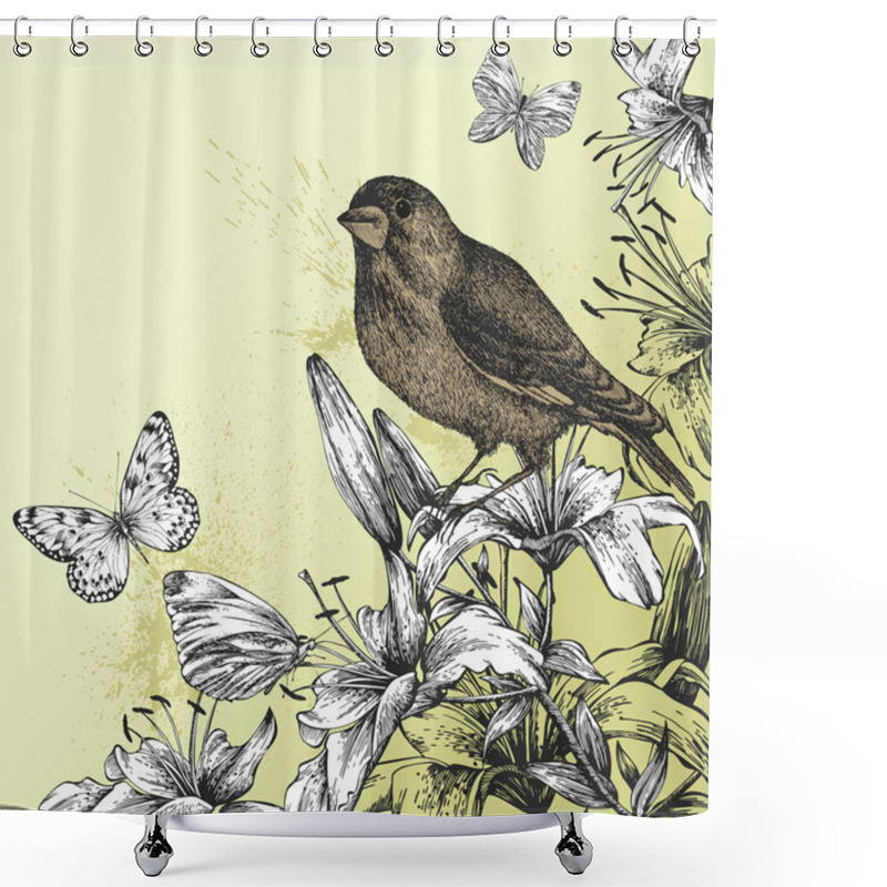 Personality  Background With Blooming Lilies, Butterflies And Bird Sitting. V Shower Curtains