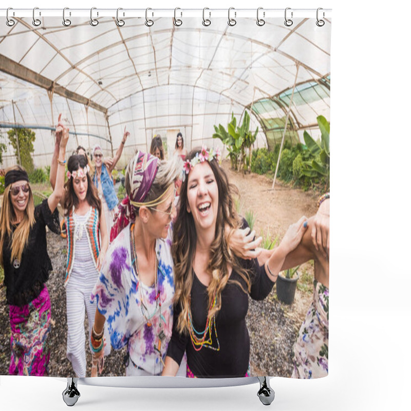 Personality  Young Women And Girls In Friendship All Together Celebrating And Having Fun In A Bio Natural Place. Smiles And Laughing For Group Of Hippies People Alternative Concept Lifestyle Shower Curtains