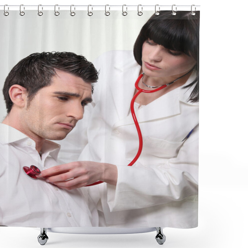 Personality  Doctor Auscultating Patient Shower Curtains