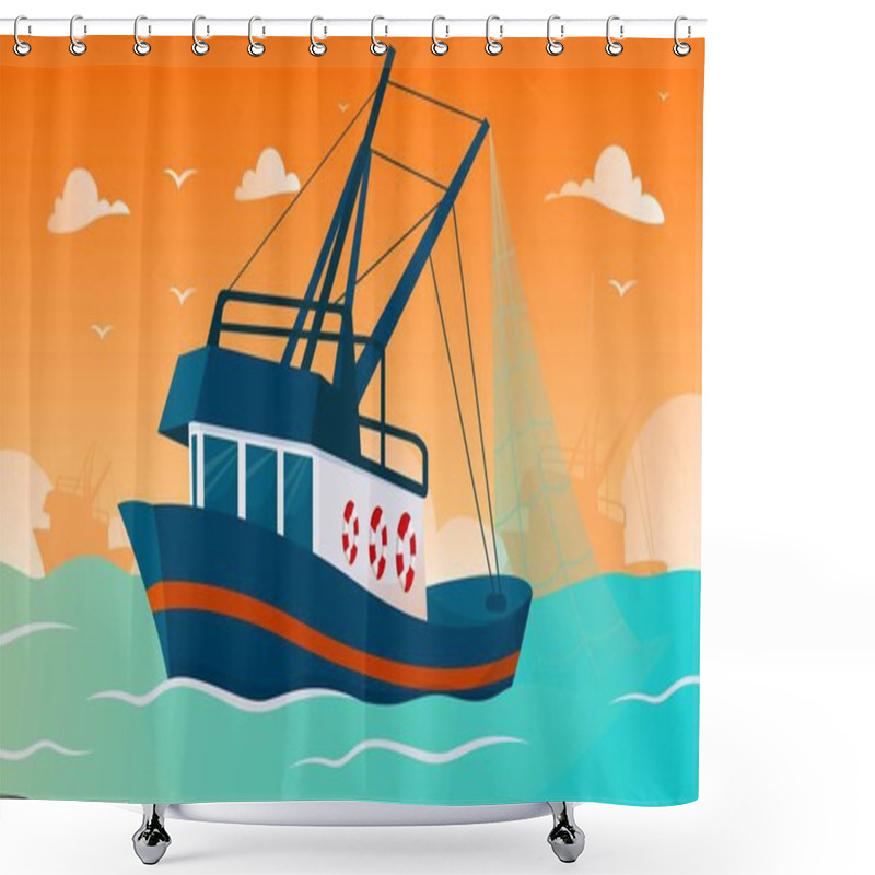 Personality  Catching Fish Concept. Vessel On High Seas With Net, Fishermen On Ship. Industry Ship In Working Process At Background On Orange Sky With Cloud, Sunset. Cartoon Flat Vector Illustration Shower Curtains