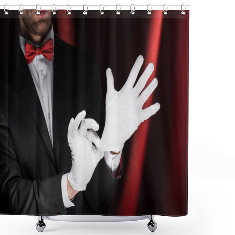 Personality  Cropped View Of Magician Wearing Gloves In Circus With Red Curtains Shower Curtains