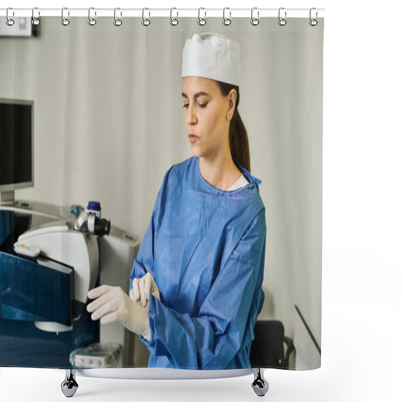 Personality  A Woman In Scrubs Studies A Computer Screen In A Clinic. Shower Curtains