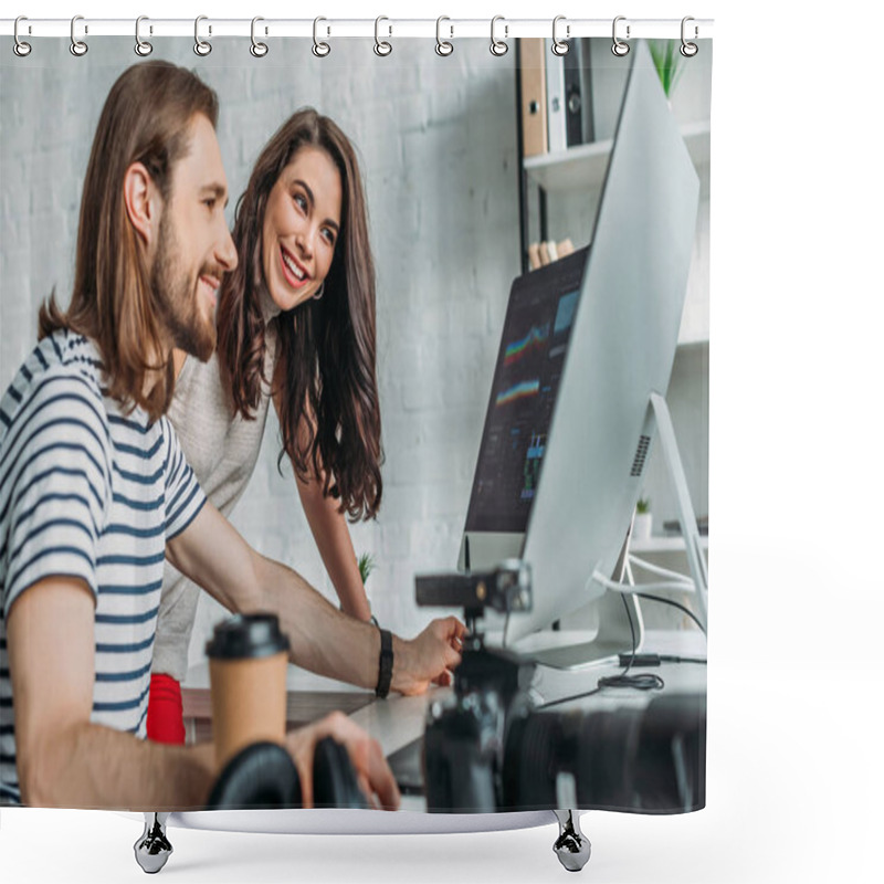 Personality  Selective Focus Of Happy Art Editor Looking At Computer Monitor Near Coworker  Shower Curtains