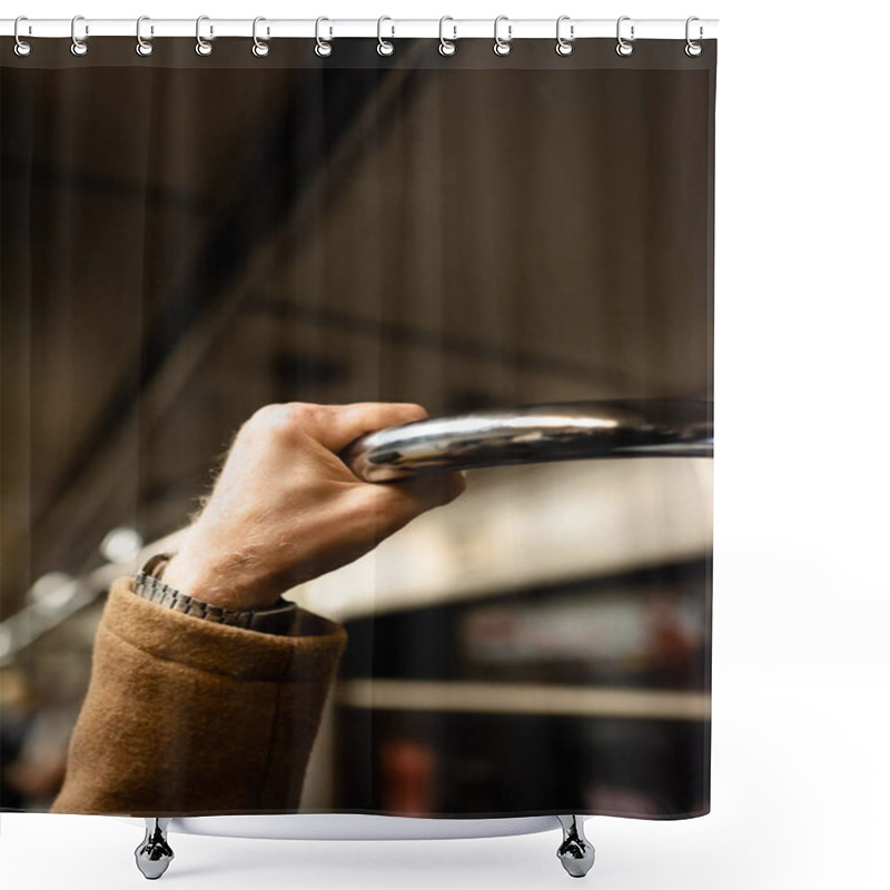 Personality  Cropped View Of Aged Man Holding Handrail In Wagon Of Underground Train Shower Curtains