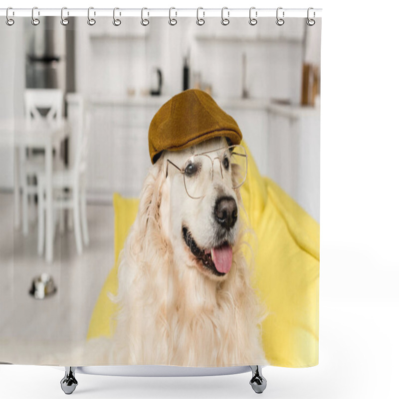 Personality   Cute Golden Retriever In Cap And Glasses Lying Looking Away  Shower Curtains