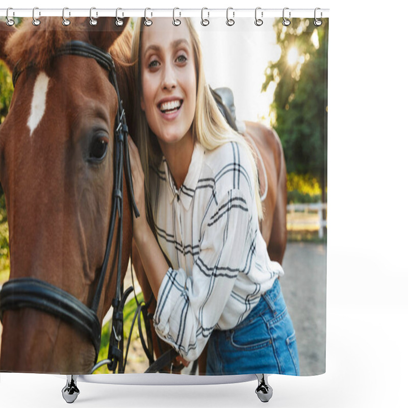 Personality  Image Of Gorgeous Woman Smiling And Standing By Horse In Country Shower Curtains