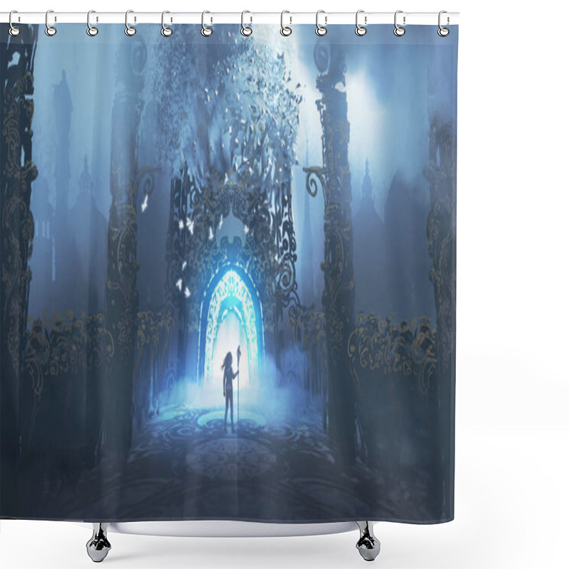 Personality  Man With Spear Standing In Front Of The Hallway Leading To The Mysterious Castle, Digital Art Style, Illustration Painting Shower Curtains