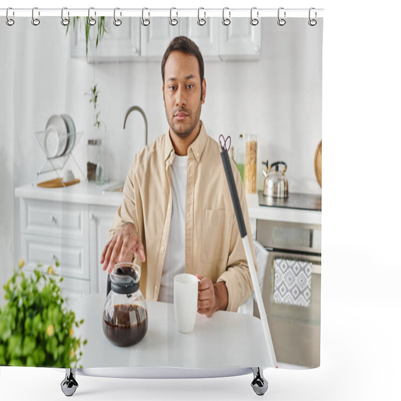 Personality  Indian Blind Handsome Man In Casual Attire With Walking Stick Sitting And Pouring Himself Coffee Shower Curtains