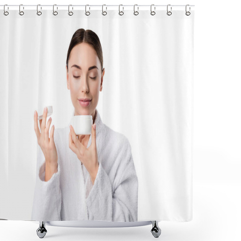 Personality  Woman In Bathrobe With Eyes Closed Smelling Aroma Of Face Cream Isolated On White Shower Curtains