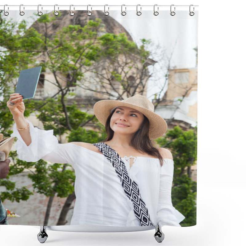 Personality  Beautiful Young Woman Trying On Hats To Buy One From An Street Vendor In Cartagena De Indias Walled City Shower Curtains