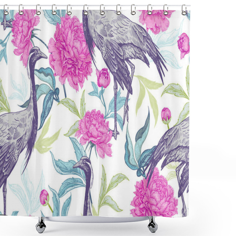 Personality  Birds Cranes On Background Of Leaves And Flowers Of Peonies. Floral Seamless Pattern For Design Paper, Wallpaper, Textile. Vector Illustration Of Nature. Vintage. Hand Drawing Of The Wild World. Shower Curtains