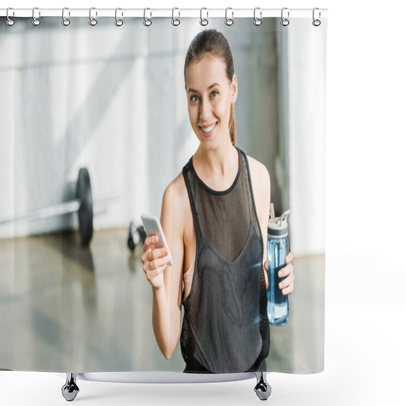 Personality  Attractive Fit Sportswoman Holding Sport Bottle With Water And Using Smartphone At Sports Center Shower Curtains