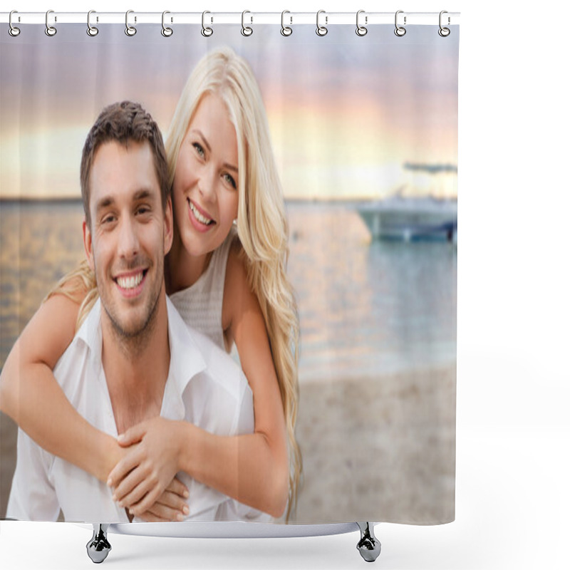 Personality  Happy Couple Having Fun Over Beach Background Shower Curtains