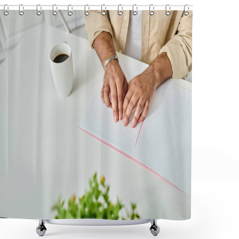 Personality  Cropped View Of Indian Blind Man In Comfy Attire Sitting At Table Reading Braille Code, Disabled Shower Curtains