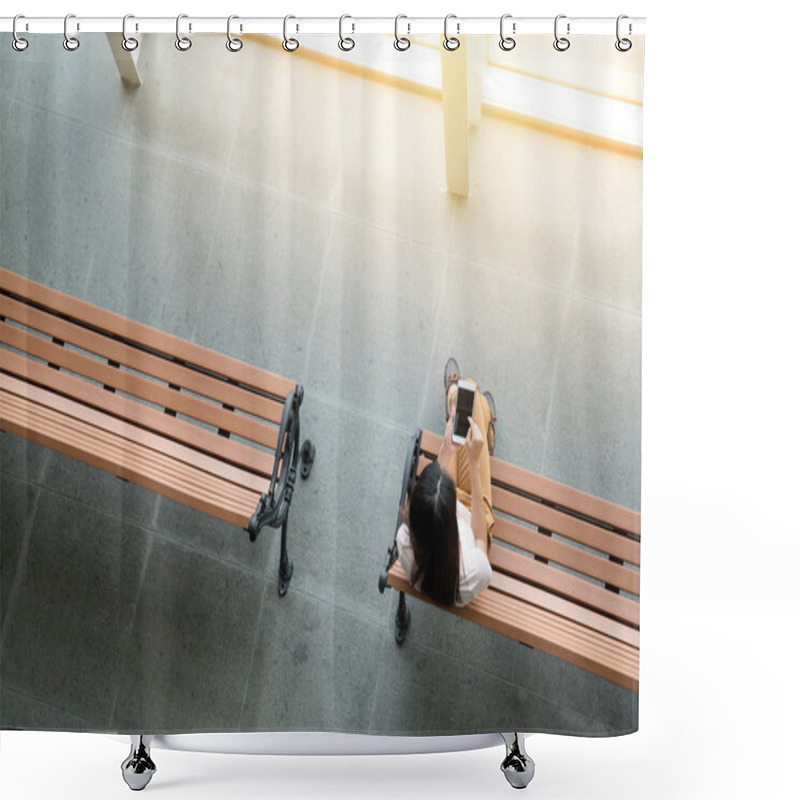 Personality  Woman On Bench Using Smartphone Shower Curtains