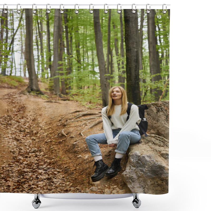 Personality  Smiling Blonde Female Hiker Wearing Backpack And Resting On Rocks While Sitting In Deep Woods Shower Curtains