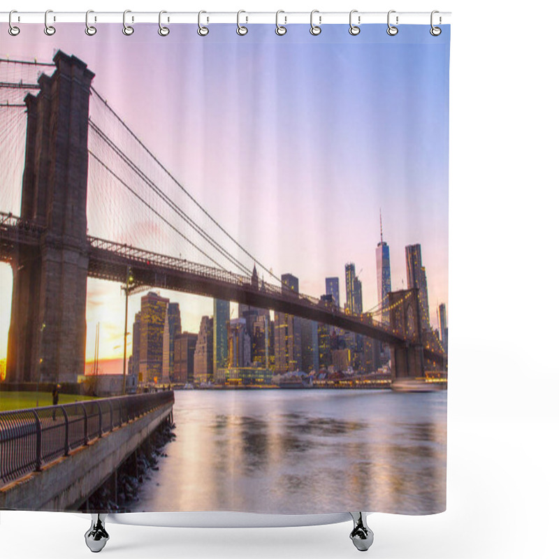 Personality  New York, Lower Manhattan Skyline With Brooklyn Bridge Shower Curtains