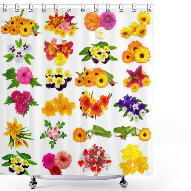 Personality  Flowers Collection Of Roses, Poppy, Dahlia, Lilies, Chamomiles, Hibiscus, Chrysanthemum, Yarrow, Pansy, Calendula And Others Isolated On White Background. St. Valentine's Day. Easter. Flat Lay, Top View  Shower Curtains