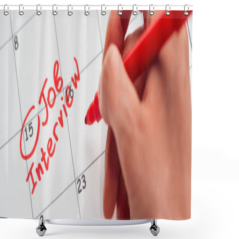 Personality  Panoramic Shot Of Man Writing With Red Marker On Print Calendar With Job Interview Lettering Shower Curtains