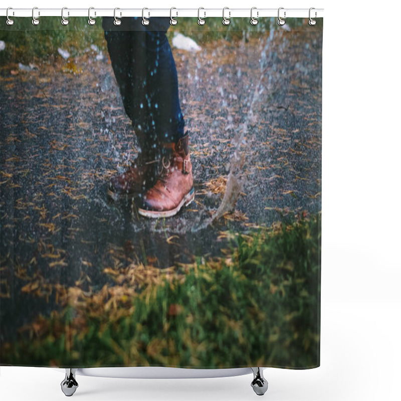 Personality  A Boy Jumping Into The Puddle Shower Curtains