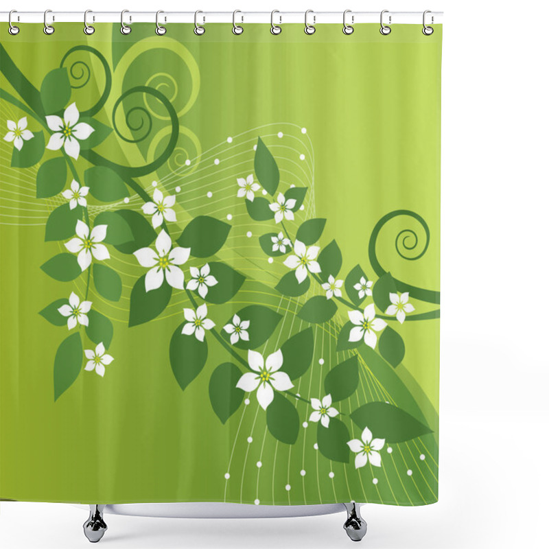 Personality  Beautiful Jasmine Flowers And Green Swirls On Green Background Shower Curtains