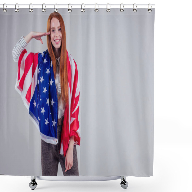 Personality  Happy Young And Beautiful Redheaded Businesswoman Holding American Flag Saluting Right Hand At The Head Tribute And Respect To The Army On White Background In Studio : Independence Day Usa 4th Of July Shower Curtains