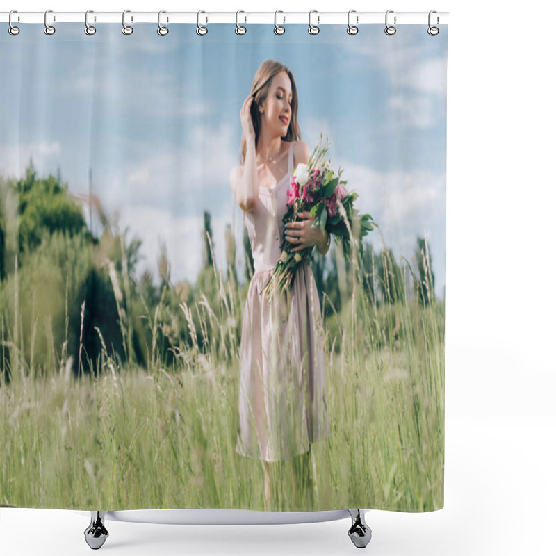 Personality  Portrait Of Beautiful Young Woman Holding Bouquet Of Flowers While Standing In Field Alone Shower Curtains