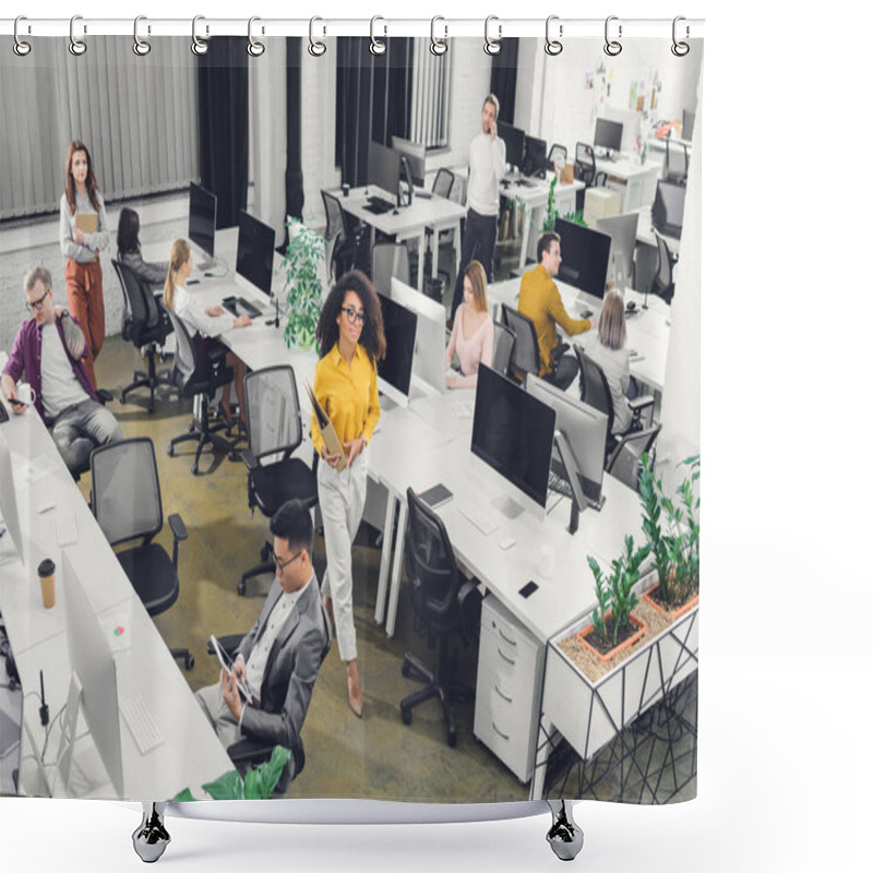 Personality  High Angle View Of Multiracial Young Businesspeople Working With Computers And Documents In Open Space Office  Shower Curtains