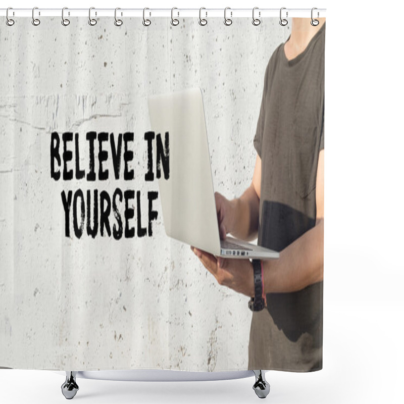 Personality  Young Man Using Laptop Shower Curtains