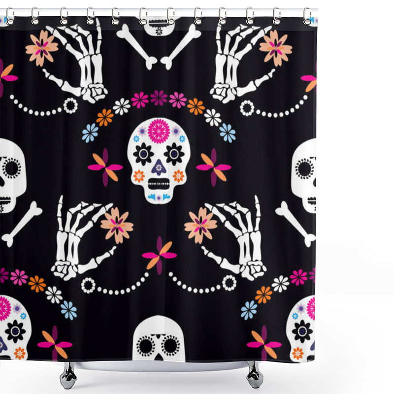 Personality  Mexican Seamless Pattern,sugar Skulls And  Flowers. Template  For Mexican Celebration, L Mexico Skeleton Decoration. Dia De Los Muertos, Day Of The Dead . Halloween. Vector Illustration. Shower Curtains