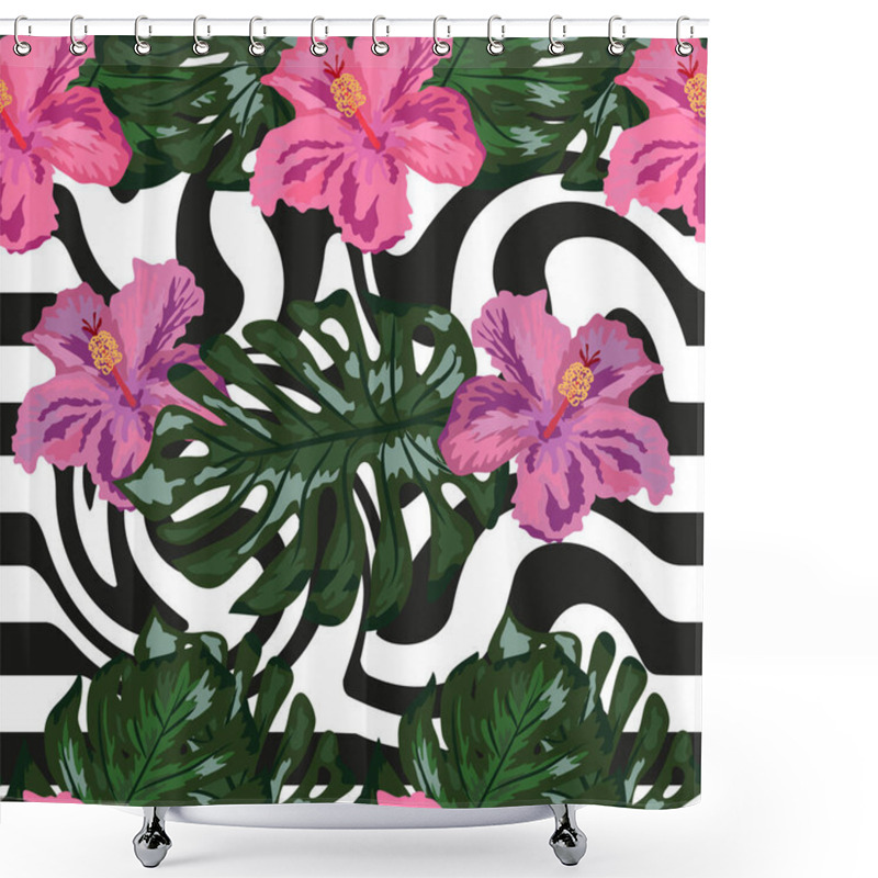 Personality  Seamless Pattern With Tropical Orchid And Hibiscus Flowers, Palm, Banana And Monstera Leaves On Striped Background. Shower Curtains