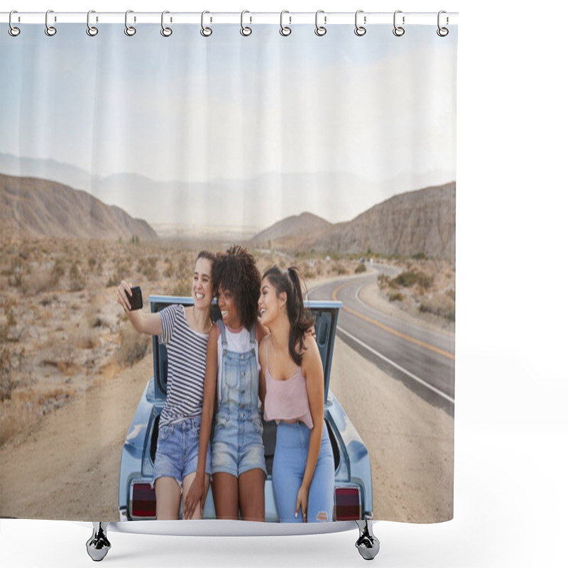 Personality  Three Female Friends Posing For Selfie Sitting In Trunk Of Classic Car On Road Trip  Shower Curtains